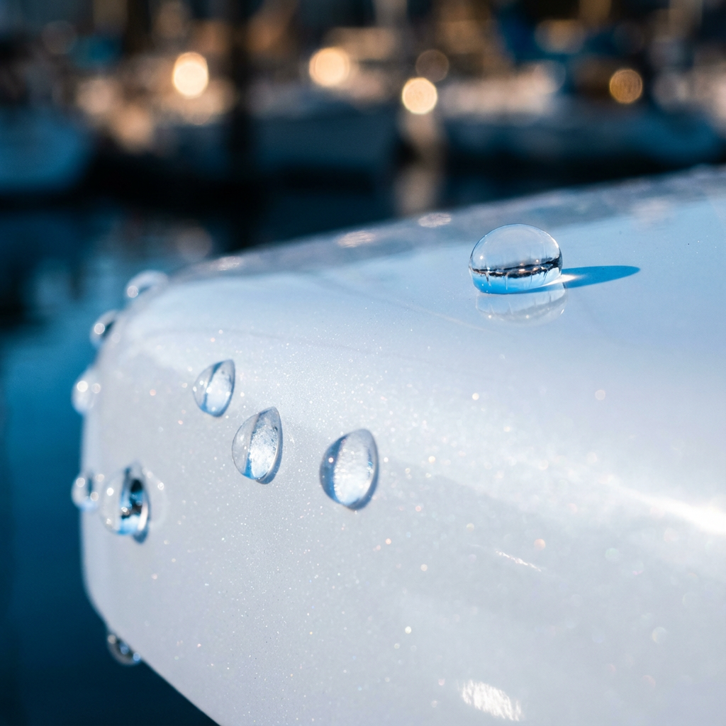 Water beading on ceramic-coated boat hull, showing hydrophobic protection
