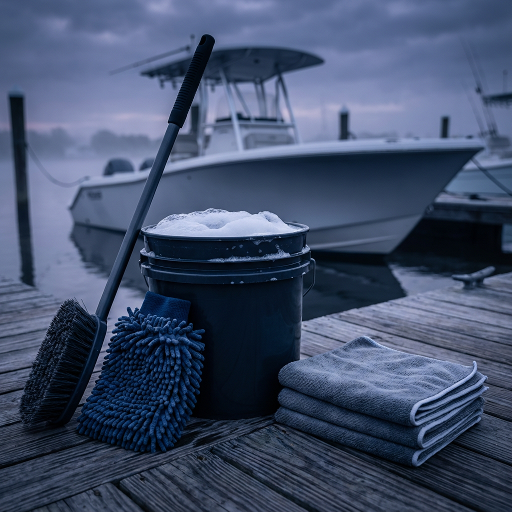 Water sheeting off protected hull during premium maintenance wash