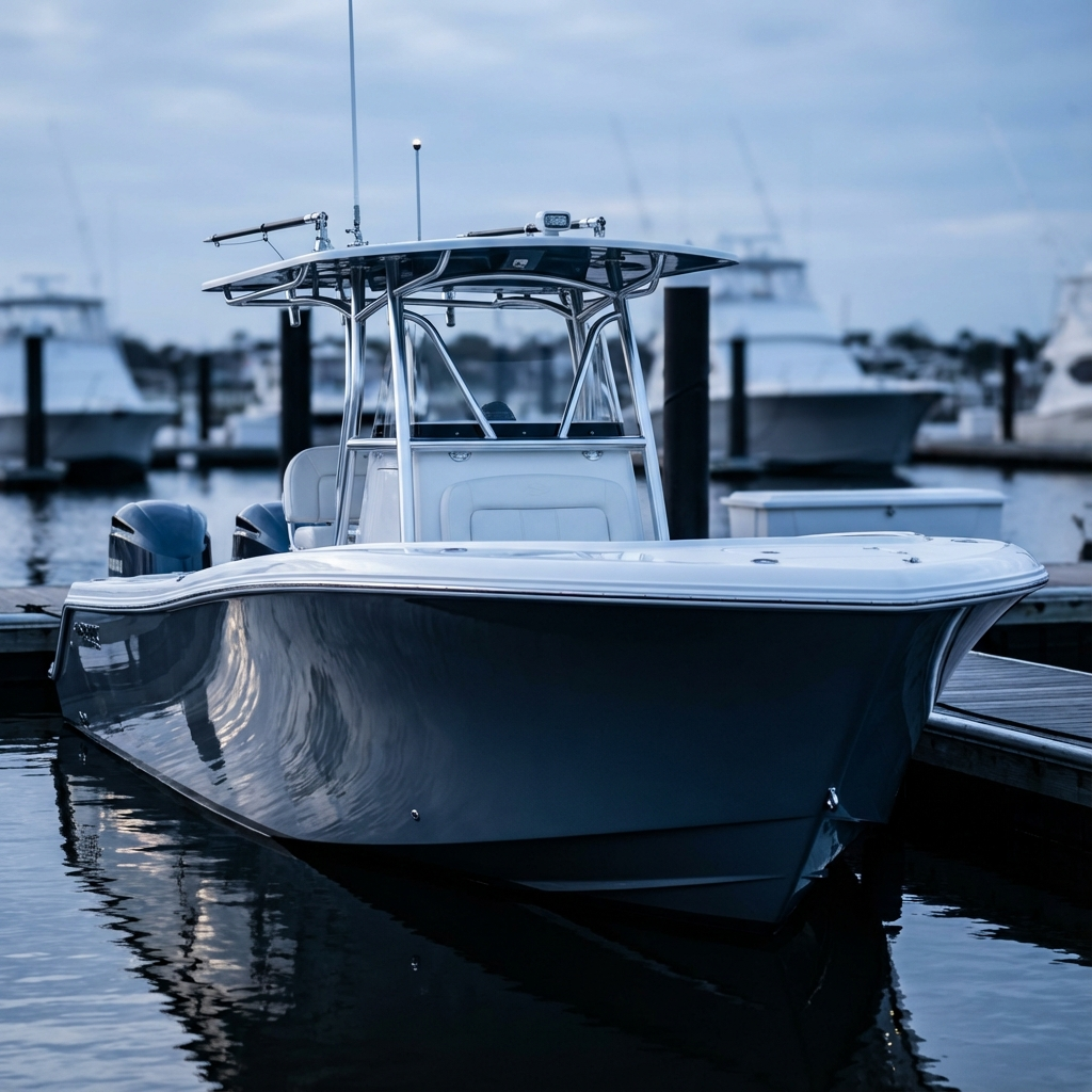 Premium center console boat at Ocean City marina, professional marine detailing