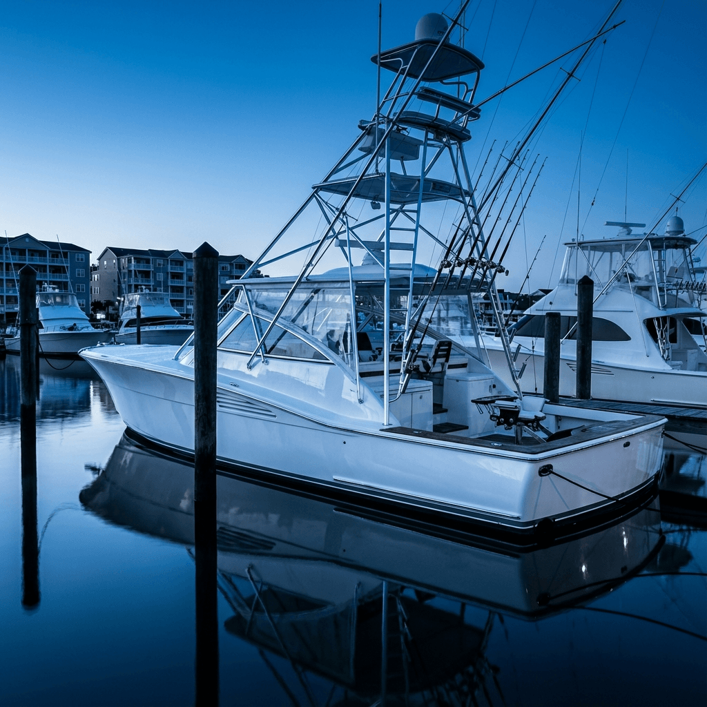 Sportfishing boat at Ocean City marina, captain services and boat delivery