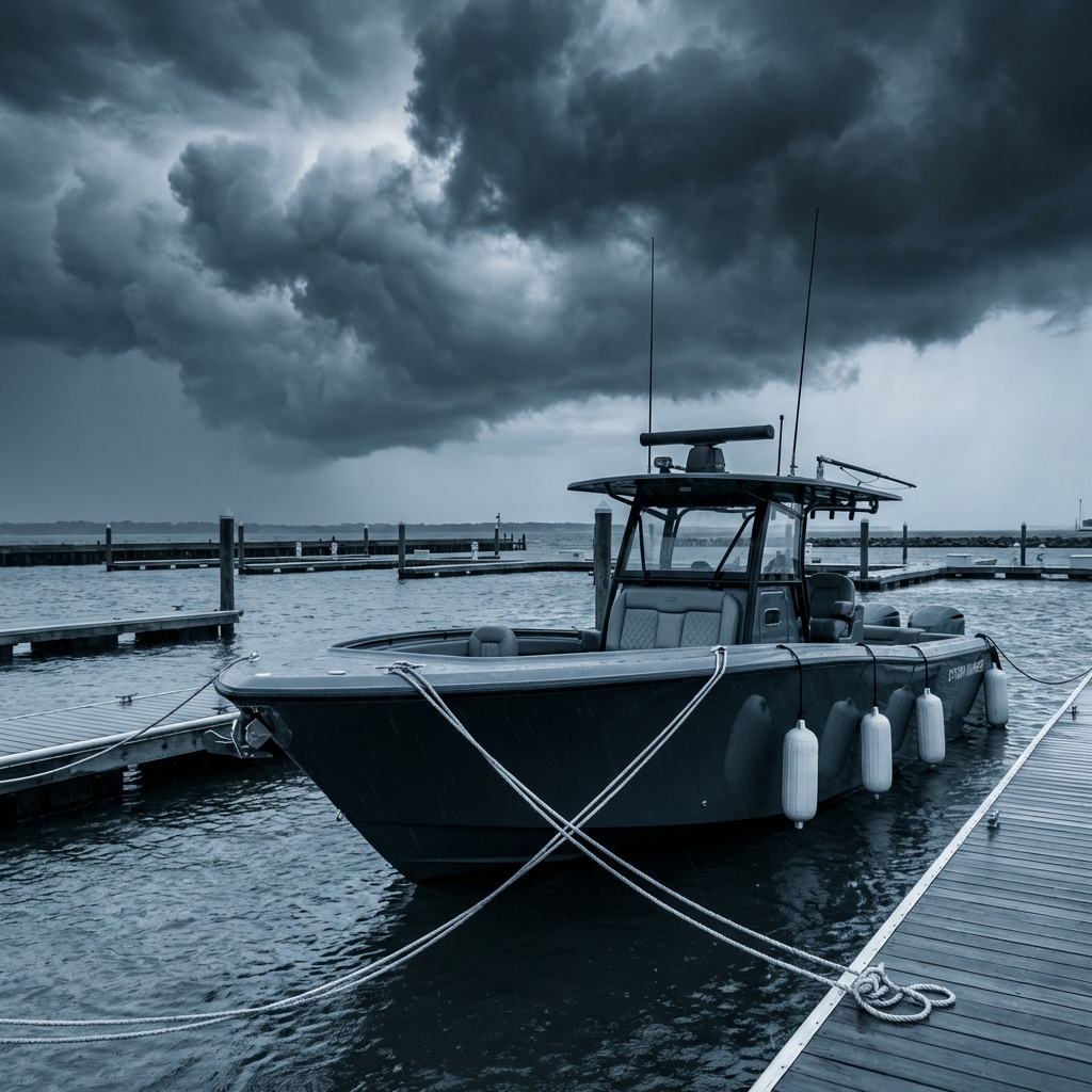 Center console secured at dock with extra lines and fenders before approaching storm