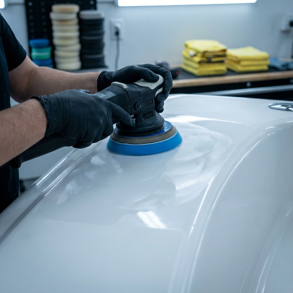 Professional gel coat correction with dual-action polisher removing oxidation