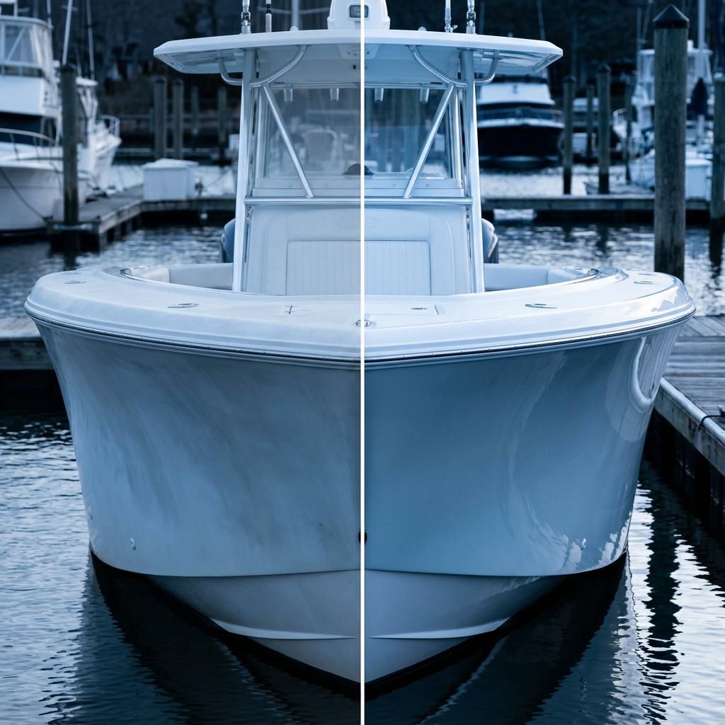 Before and after gel coat restoration - oxidized hull transformed to showroom shine